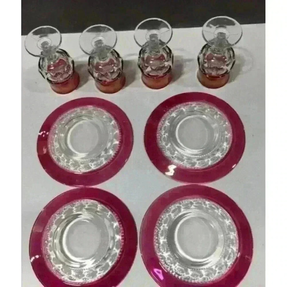 Kings Other - Vintage Tiffin Co Cranberry Kings Crown Glass Goblet & Lunch Plates Set Of 8